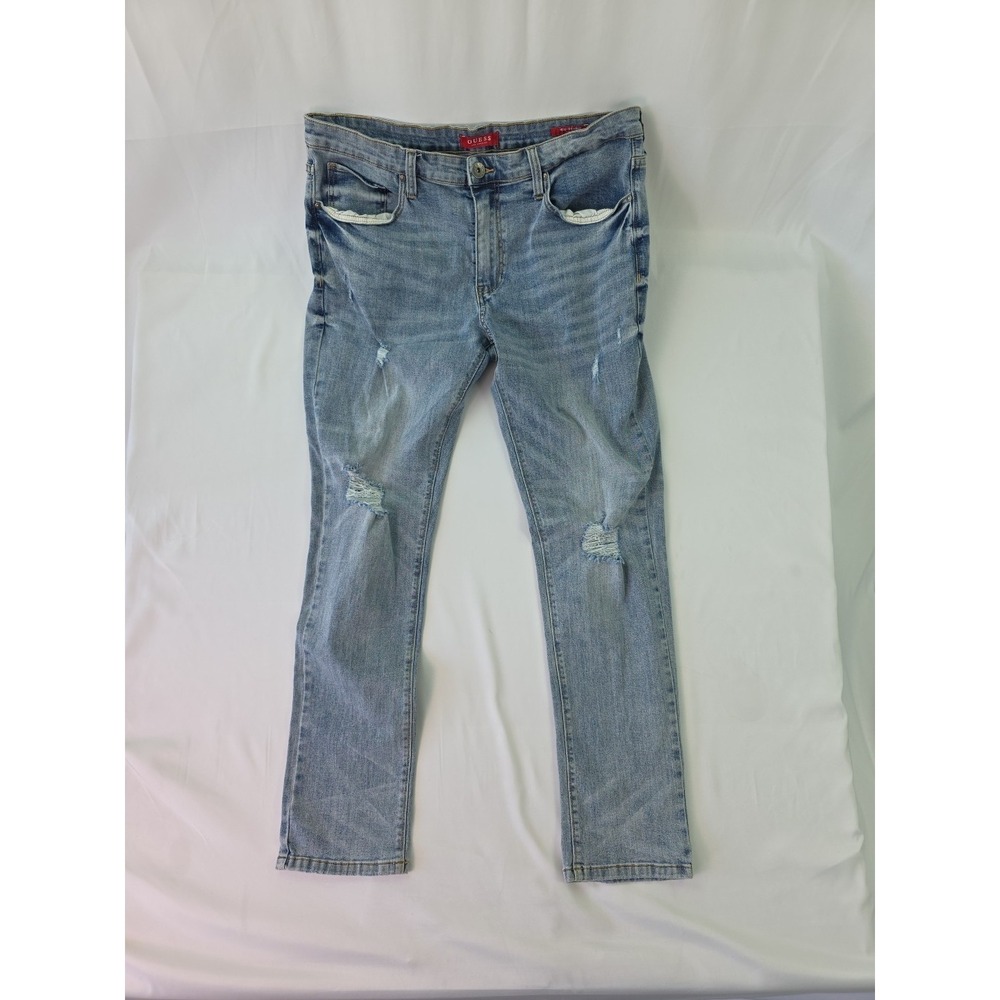 Guess Jeans Men 36x31 Blue Scotch Skinny Denim Stretch Light Wash Distressed Y2K